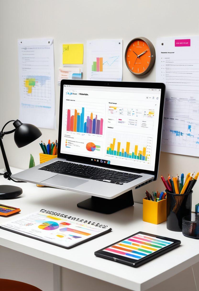 A dynamic workspace featuring an open laptop displaying a vibrant email validation dashboard, surrounded by essential toolkits like a magnifying glass, settings gear, and a checklist. Include visual elements representing real-time data analytics such as graphs and notifications. The backdrop is a bright office environment with creative elements like post-it notes and digital clocks. super-realistic. vibrant colors. white background.