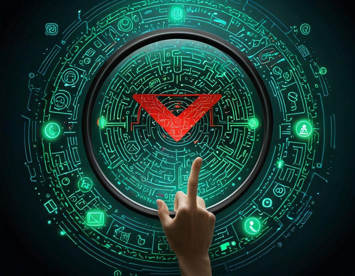 A digital collage representing email integrity checks, featuring a labyrinth of emails with glowing checkmarks and warning symbols. Include elements like a magnifying glass over an email, graphs depicting verification trends, and a hand holding a smartphone. The background should have a blend of tech-inspired patterns and circuits to symbolize digital navigation. super-realistic. vibrant colors. clean layout.
