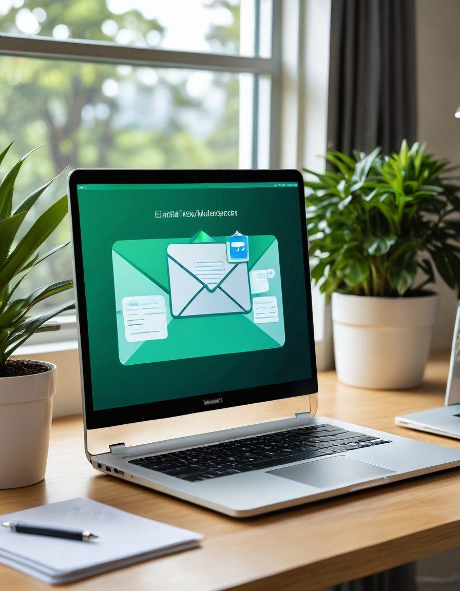 A sleek laptop displaying an email inbox with highlighted verification messages, surrounded by floating icons representing security and authenticity (like locks and shields). In the background, a calm office environment with plants and soft lighting to suggest a productive workspace. The overall tone should convey confidence in email integrity and professionalism. super-realistic. vibrant colors. minimalistic background.